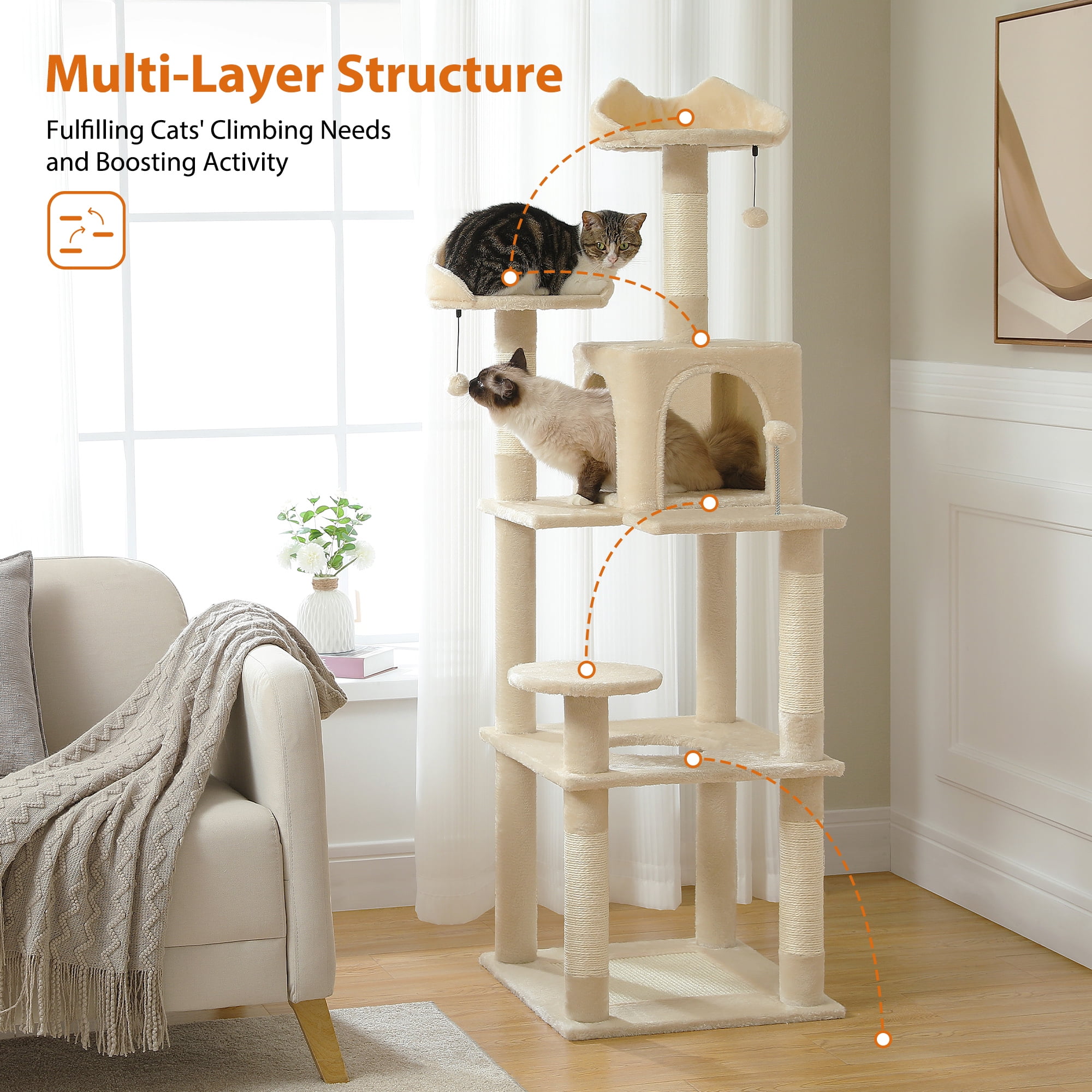 resenkos 63" Cat Tree Tower for Indoor Cats, 4 Levels Platform Cat Condo for Large Cats with Fully Scratching Posts, Beige