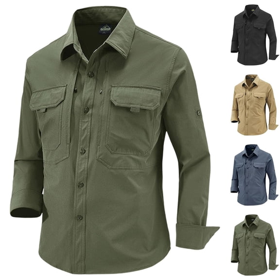 Mens Stretch Quick Dry Long Sleeve Button Down Tactical Shirts, Multi Pockets Breathable Lightweight Outdoor Work Shirts for Fishing Hunting Camping Travel Spring Fall Army Green