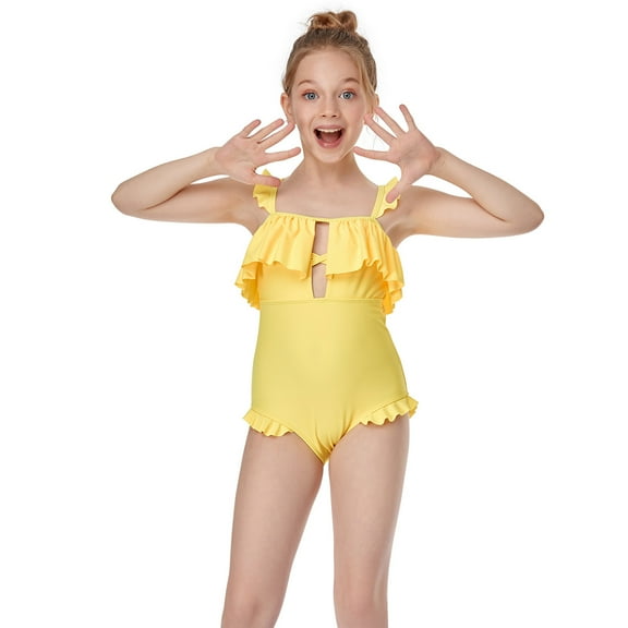 Girls Swimsuits Toddler Baby Kids Ruffles Solid One-Piece Swimsuit Bathing Beach Swimwear