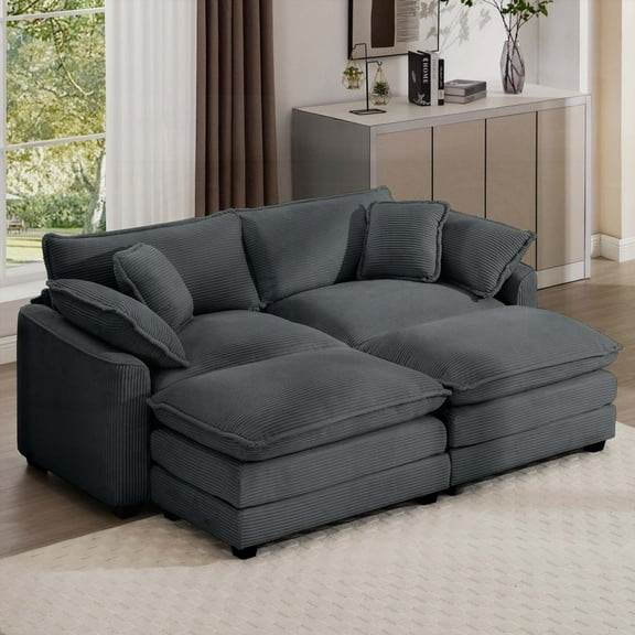 Epitome of Comfort & Style | Grey Corduroy Two-Seater Sofa with Footrest