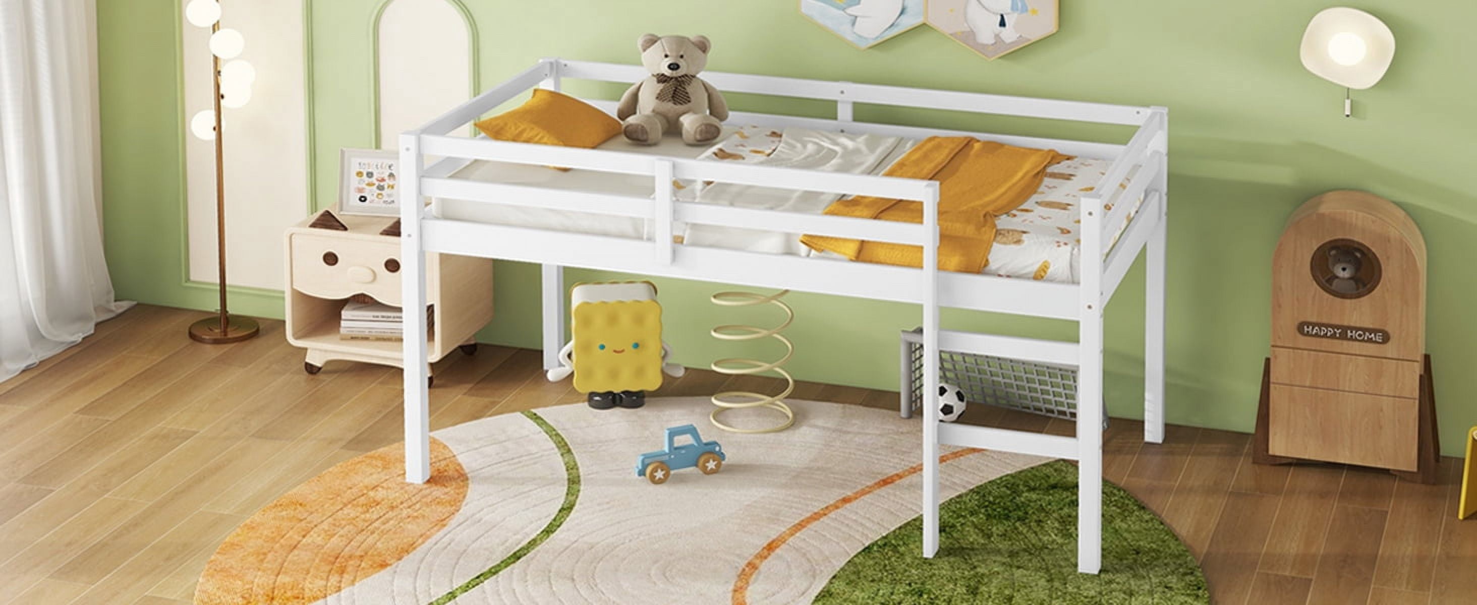 Solid Wooden, Rubber Wooden Twin Loft Bed with Ladder, Bed Platform of Strengthened Slats, White