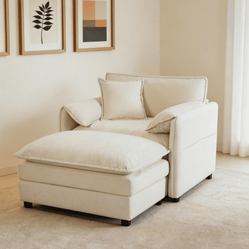57" Soft Chenille Modern Mid-Century Accent Armchair, Oversized Accent Chair with Ottoman, Mid-Century Modern Chair with Modular Design for Living Room, Beige