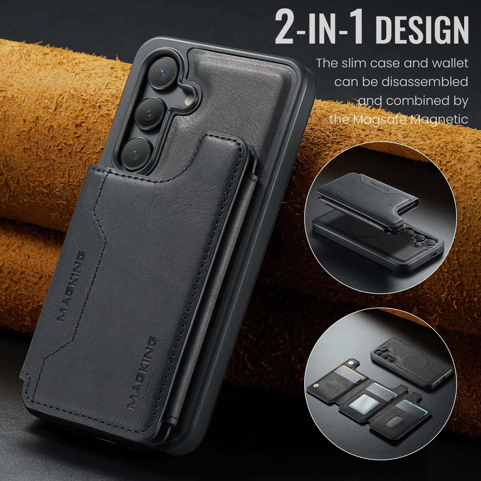 Designed for Samsung Galaxy S25 Wallet Phone Case,Magnetic Detachable Flip Card Holder,Back Flip Kickstand,Compatible with Mag-Safe,2-in-1 PU Leather Heavy Duty Shockproof Phone Case,Black