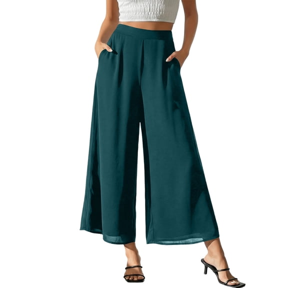 Women's Wide Leg Chiffon Palazzo Pants, Elegant Flowy High Waisted Loose Business Casual Trousers with Pockets