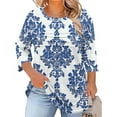thumbnail image 2 of Sexlip Plus Size Tops for Women Fall Floral Print Pleated Front Going Out Casual Blouse Loose Crewneck 3/4 Sleeve Shirt Blue XXXL, 2 of 5