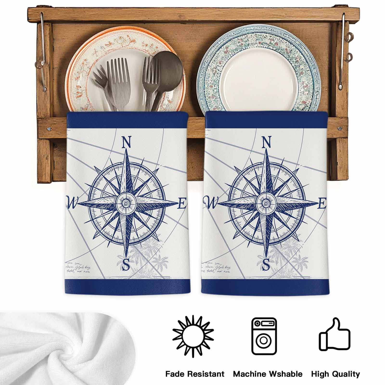 Dish Towels, Compass Absorbent Kitchen Towels 2 PCS, Blue Ocean Navigation Map Microfiber Hand Towels Dish Cloths Tea Towels for Home&nbsp;Bathroom Cleaning Drying,18X28-Inch,