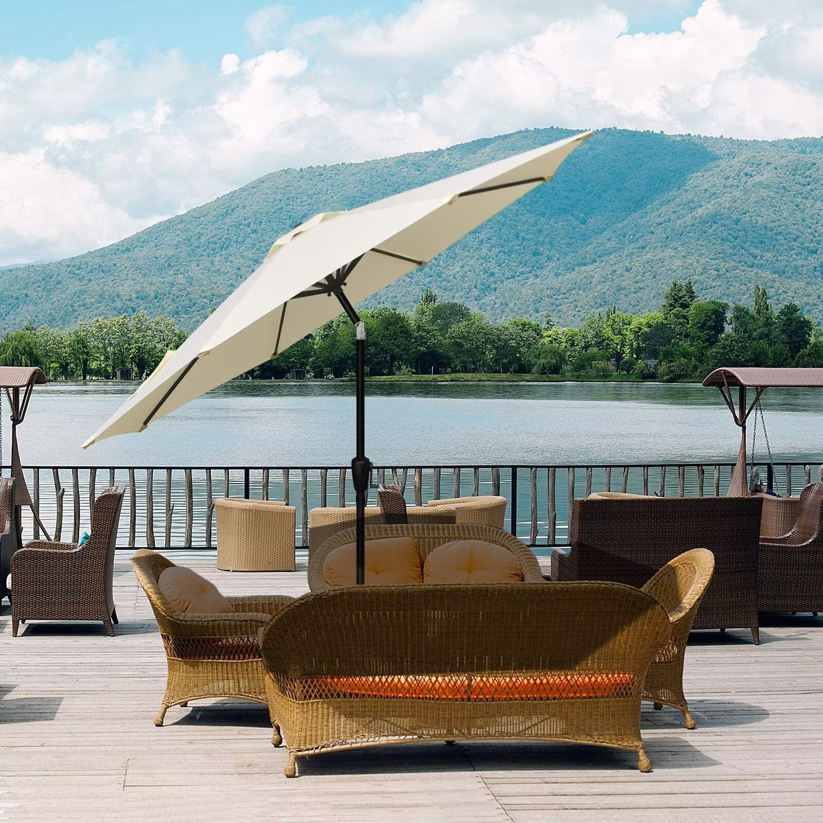 Simple Deluxe 9ft Outdoor Market Table Patio Umbrella with Button Tilt and 8 Sturdy Ribs, Beige, 2 Pack