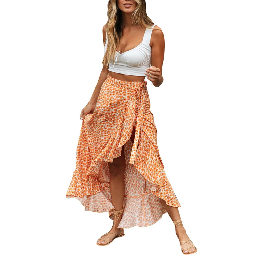 Sollinarry Womens High Waist Boho Floral Print Long Wrap Skirt Tie Side Split Ruffle Maxi Skirt 