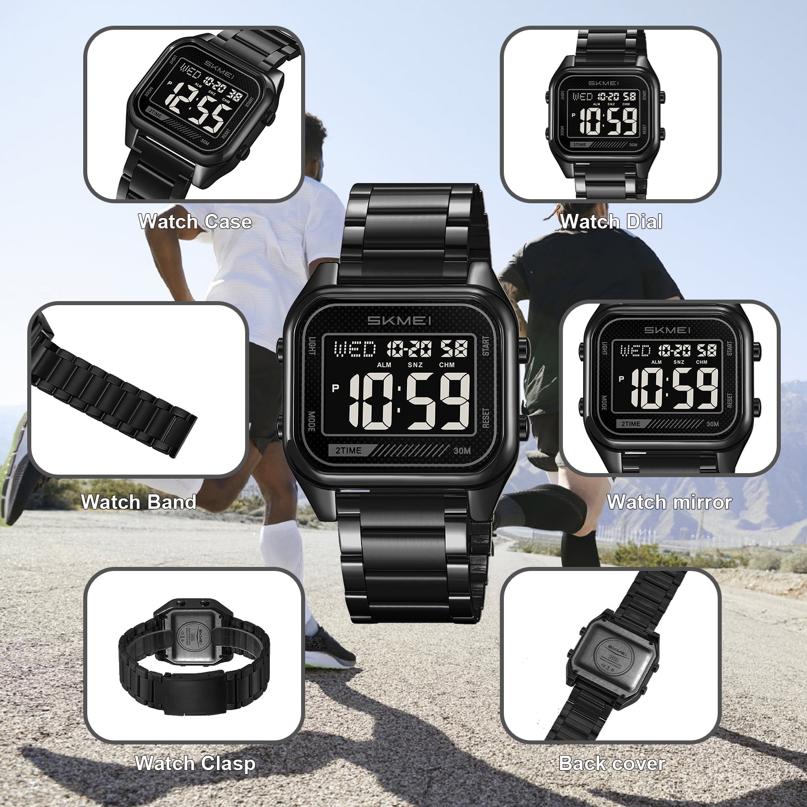 SKMEI Men's Digital Stainless Steel Watch Large Face LED Casual Sport Watches Waterproof Dual Time Date Wristwatch