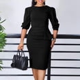 thumbnail image 2 of AURA Plus Size High Waist Pencil Midi Dress Round Neck 3 4 Sleeve Ruched Solid Color Zip Back, 2 of 10