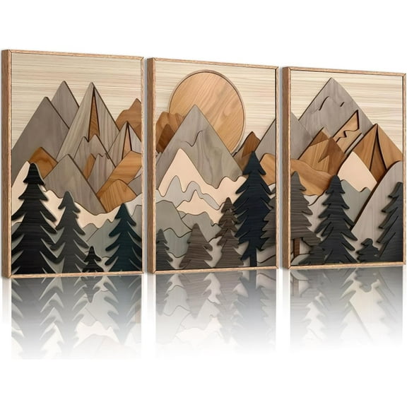 Set of 3 Mountain Wall Hieng Large Forest Wall Decor Woodcut Wooden Landscape canvas posters Nature Wilderness Hieng Prints Abstract Landscape Painting for Living Room Bedroom Office