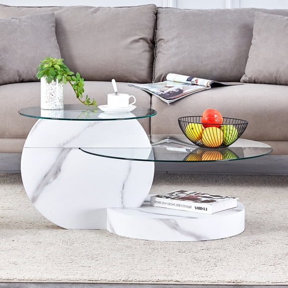 Table basse minimaliste moderne en verre trempé Noble House, double plateau rond en verre Plateau rond en verre, blanc