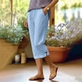 thumbnail image 3 of cocolona Womens Summer Casual Linen Capri Pants Solid Color Elastic Waist Button Leg Cropped Pants with Pocket, 3 of 5