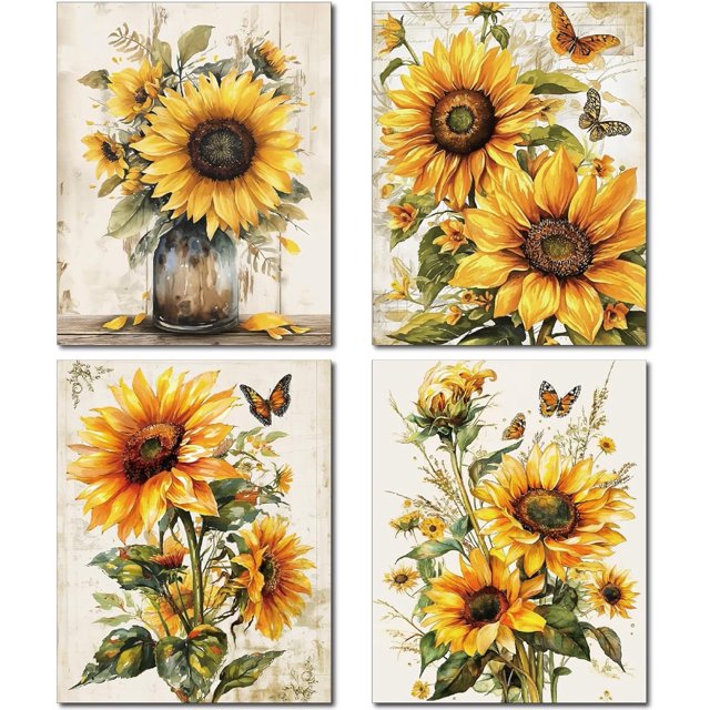 4 piezas de impresiones de girasoles, arte de pared, lienzo de plantas, póster vintage, imagen de flores, decoraciones de pared, lienzo rústico floral, arte de pared rectangular, fibra química, óleo