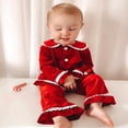 thumbnail image 3 of Pyjama de Noël pour Tout-Petit Bébé en Velours à Ourlet Volanté Rouge à Manches Longues en Dentelle Patchwork Chemise Boutonnée + Pantalon Doux Vêtement de Nuit Tenue d'Intérieur, 3 of 6