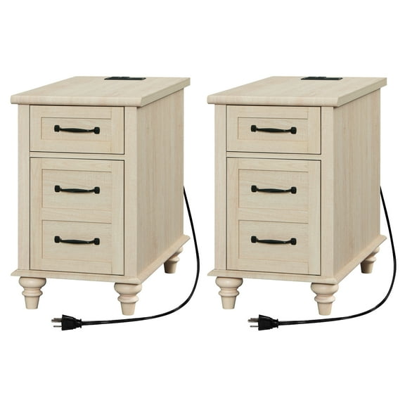 Set of 2 End Tables with Drawer & Cabinet, Beige Side Table Nightstand with Charging Station for Living Room & Bedroom
