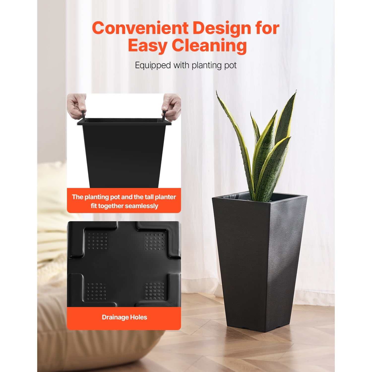 KFFKFF Set of 2 Tall Outdoor Planters 22inch, Large Pots for Indoor and Outdoor Plants, Black Tapered Square Planters for Front Porch with Contemporary Design and Integrated Drainage System