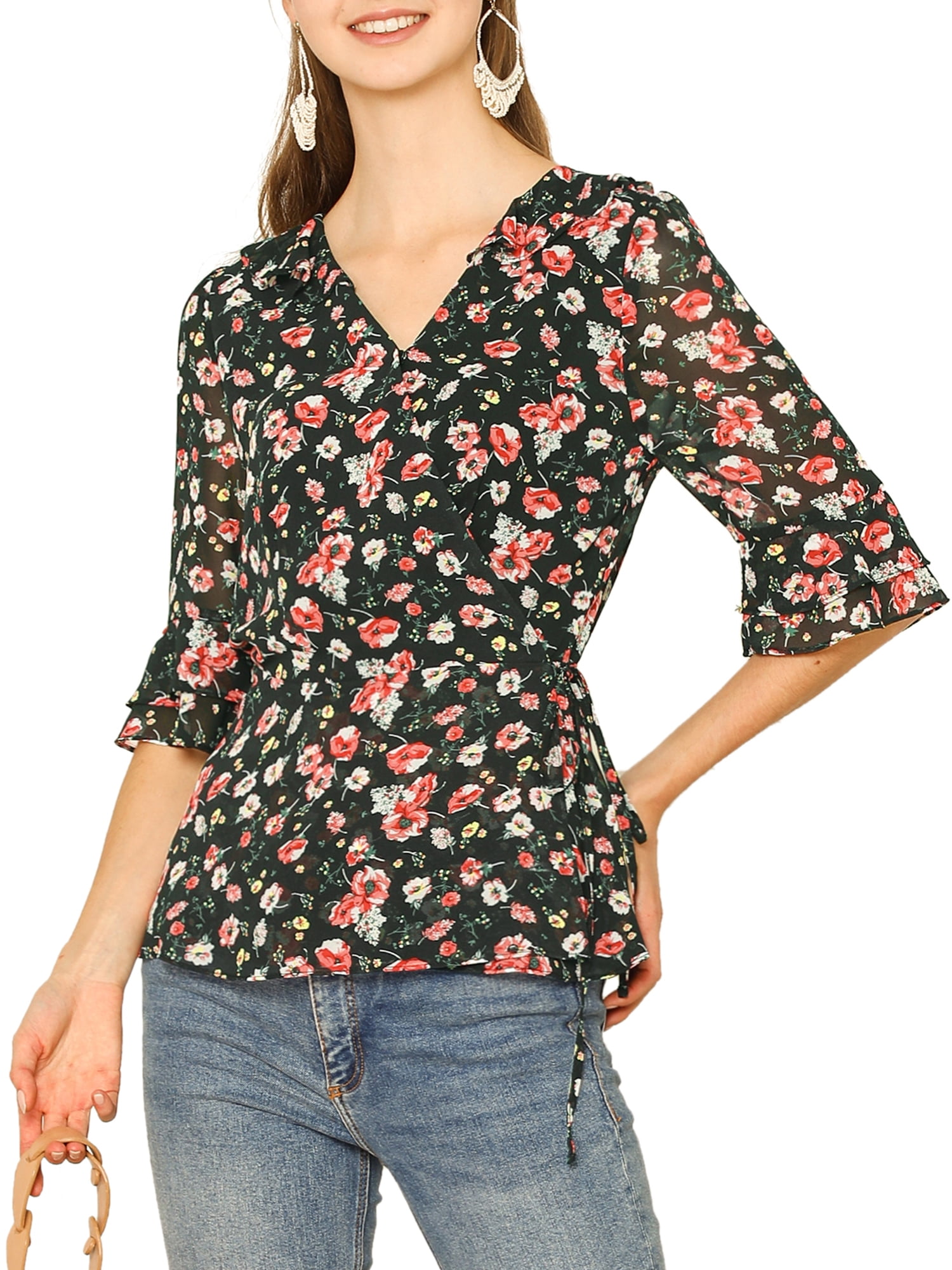 Unique Bargains Women's Floral Print Ruffle Cuff Self Tie V Neck Wrap