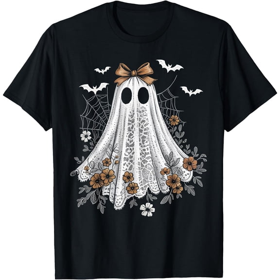 Coquette Ghost Halloween Flower Ghost Spooky Lace Ghost T-Shirt , Vintage T-Shirt