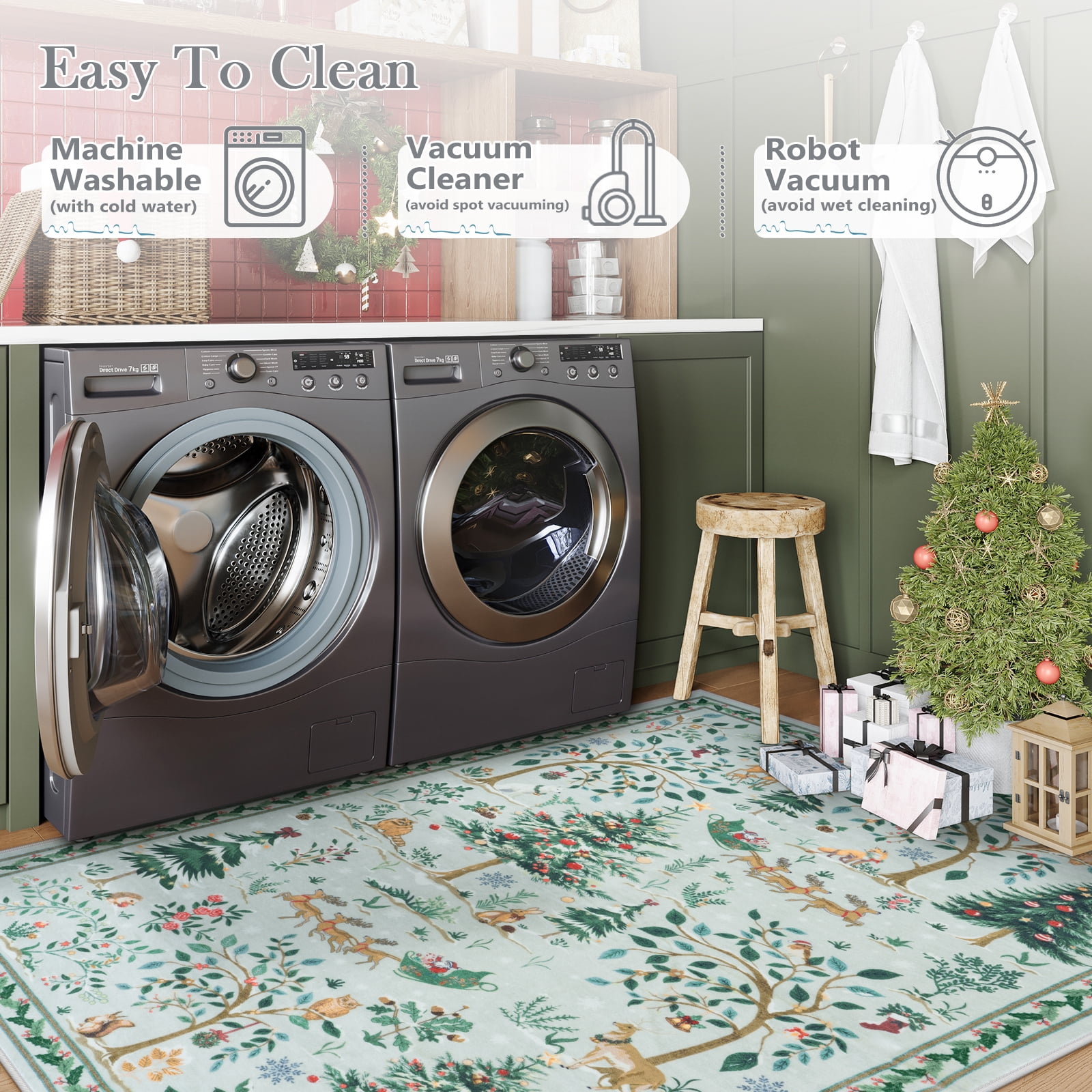 Lahome Christmas Vintage Washable Area Rugs 8x10,Soft Ultra-Thin 8x10 Rugs for Living Room Bedroom, Easy Clean Boho Non-Slip Accent Carpet for Dining Room Office Holiday Decor(8x10ft,Gray)