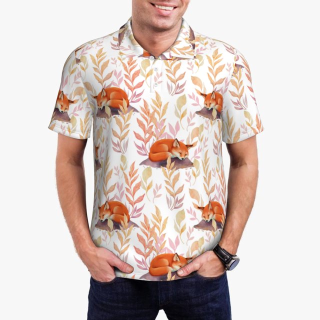 Balery Cute Sleepy Fox Camisa Polo de Hombre con Estampado, de Manga Corta y Tejido Medio, Camisa Tipo Golf Polo-Medium