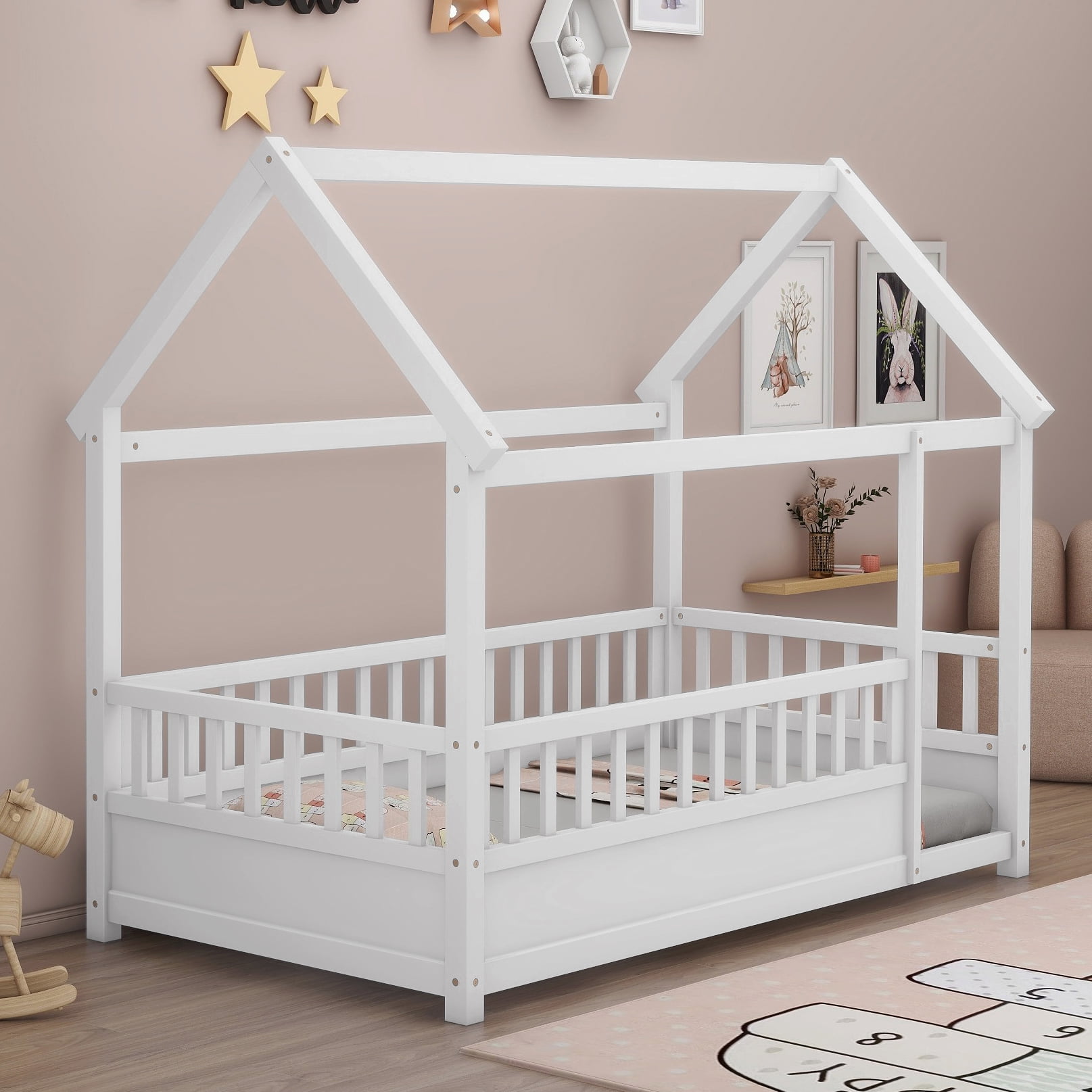 Twin Size Montessori Bed, Wooden Floor House Bed with 20" High Fence and Roof, Montessori Floor Beds Without Slats for Boys,Girls, White