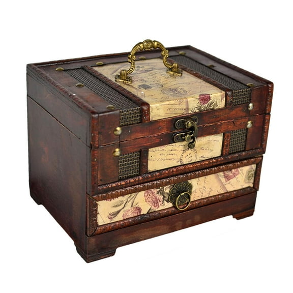 Segolike Vintage Wooden Jewelry Box Three Tier Rectangle Container Decorative Storage Box Style A