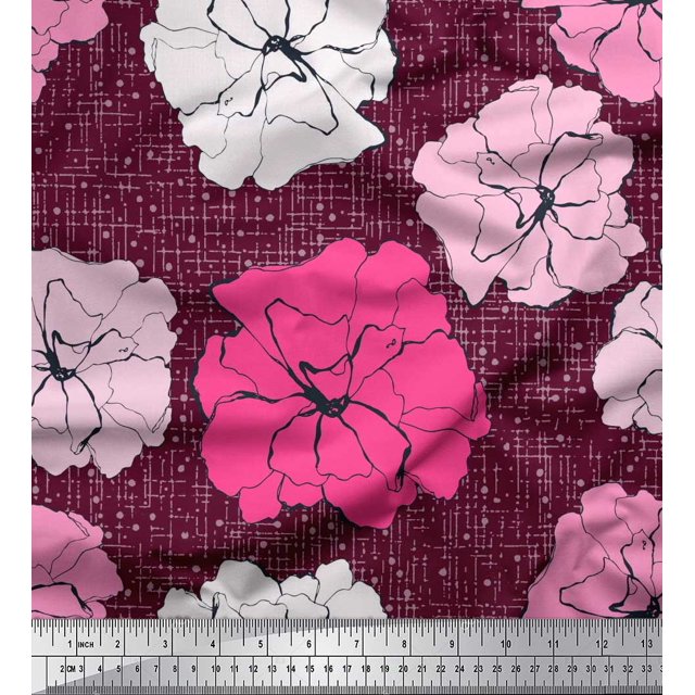 Soimoi Silk Fabric Carnation Floral Print Fabric by the Yard 42 Inch Wide