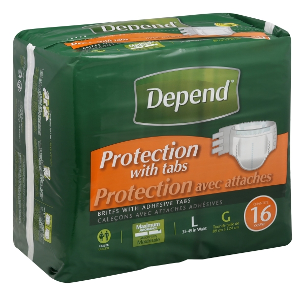 Depend Briefs Protection with Tabs, Maximum, Large, 16 Ct
