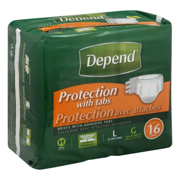 Depend Briefs Protection with Tabs, Maximum, Large, 16 Ct