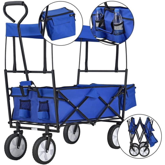 Pouseayar Heavy Duty Collapsible Wagon Carts (Blue)- for Beach, Shopping, Picnic, Camping