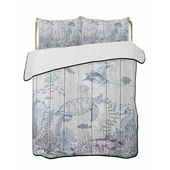 Twin XL Quilt Bedding Set, Turtle Coastal Reversible Summer Quilt 3 Pieces, Nautical Summer Beach Coral Jellyfish Wooden Lightweight Bedspreads Coverlets with 2 Pillow Shams for All Seasons