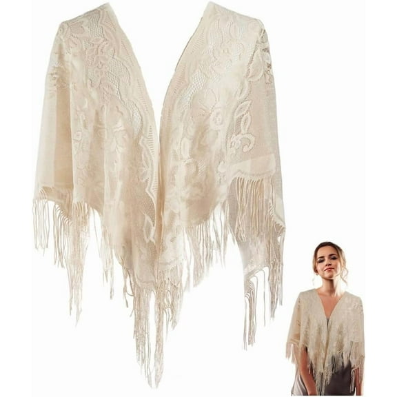 White Floral Lace Shawl Wrap Beige Flower Pattern Lace Hollow Solid Shawls and Wraps with Tassel Fringe Triangle Mesh Soft Summer Scarf for Women Formal Bridal Wedding Party Evening Dresses colorful