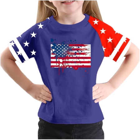 Ugoldhm Fourth of July Boys Short Sleeve T-Shirts Crew Neck Fashion Summer Color Block Tees Tops Kids Clothes Size 3-14