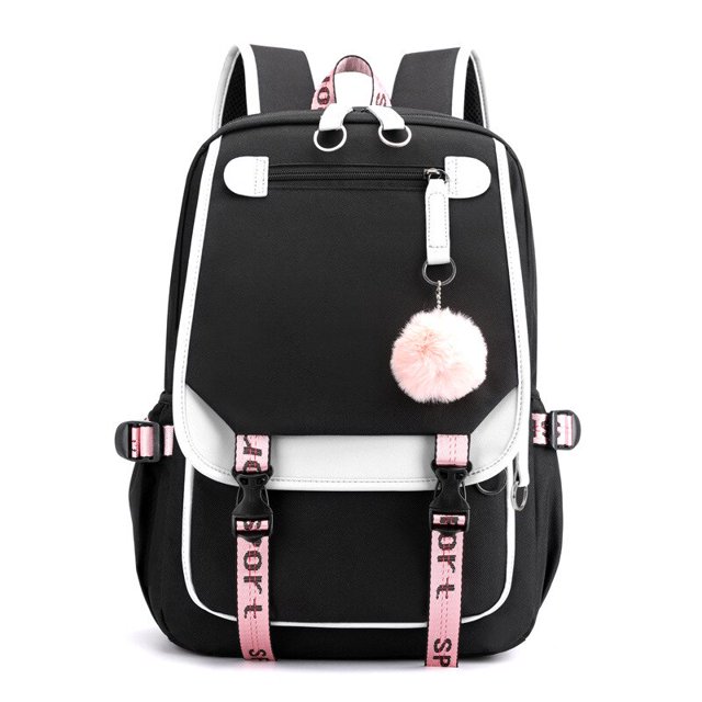 Fengdong Mochila Escolar de Lona con Puerto USB, Negro, Rosa, Bolsa Grande, Macuto para Adolescente, Cartera para Niña, Bolsa para Estudiante, Bolso para Libros, Moda