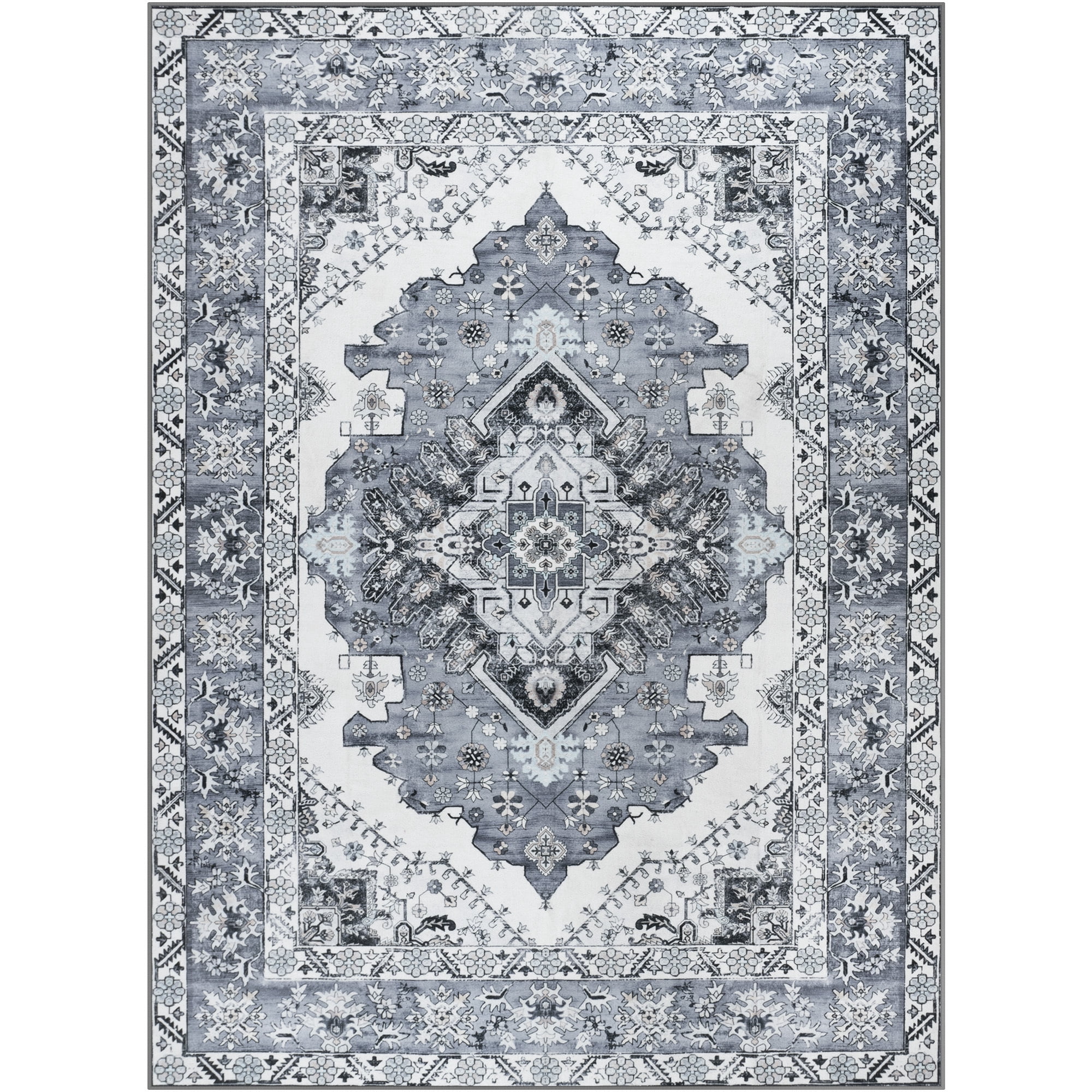 Wondo 6x9 Gray Area Rug - Machine Washable Non-Slip Rubber Backing, Low Pile Vintage Carpet for Living Room Bedroom Kitchen Dining Office