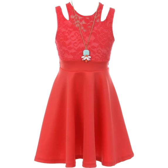 Big Girls' Sleeveless Floral Lace Cut Out Shoulder Holiday Party Flower Girl Dress Coral 10 (J21KS14)