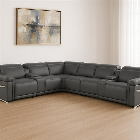 HomeRoots 534869 Gray Italian Leather Modular L Shaped 8 Piece Corner Sectional with Console