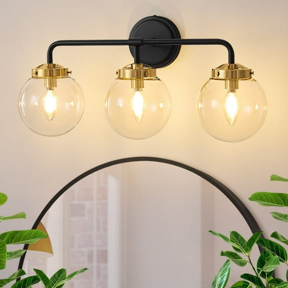 Deyidn 3-Light Black Gold Bathroom Vanity Light with Clear Globe Glass Shade Modern Bathroom Wall E12 Bulb