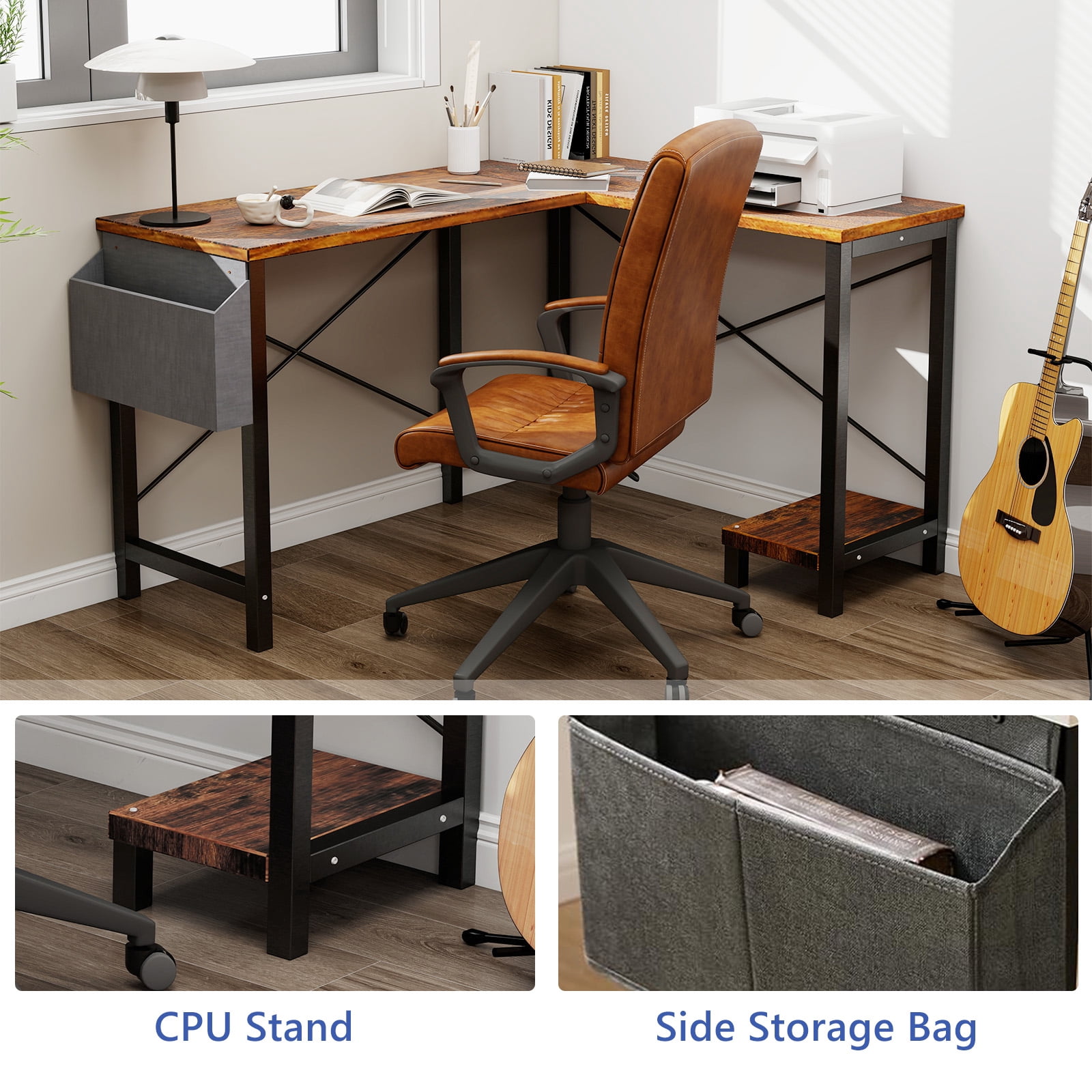 L Shaped Desk, 50 inch Reversible Corner Computer Desk with Storage Shelf & Side Bag, Home Office Working Workstation Gaming Table, Brown