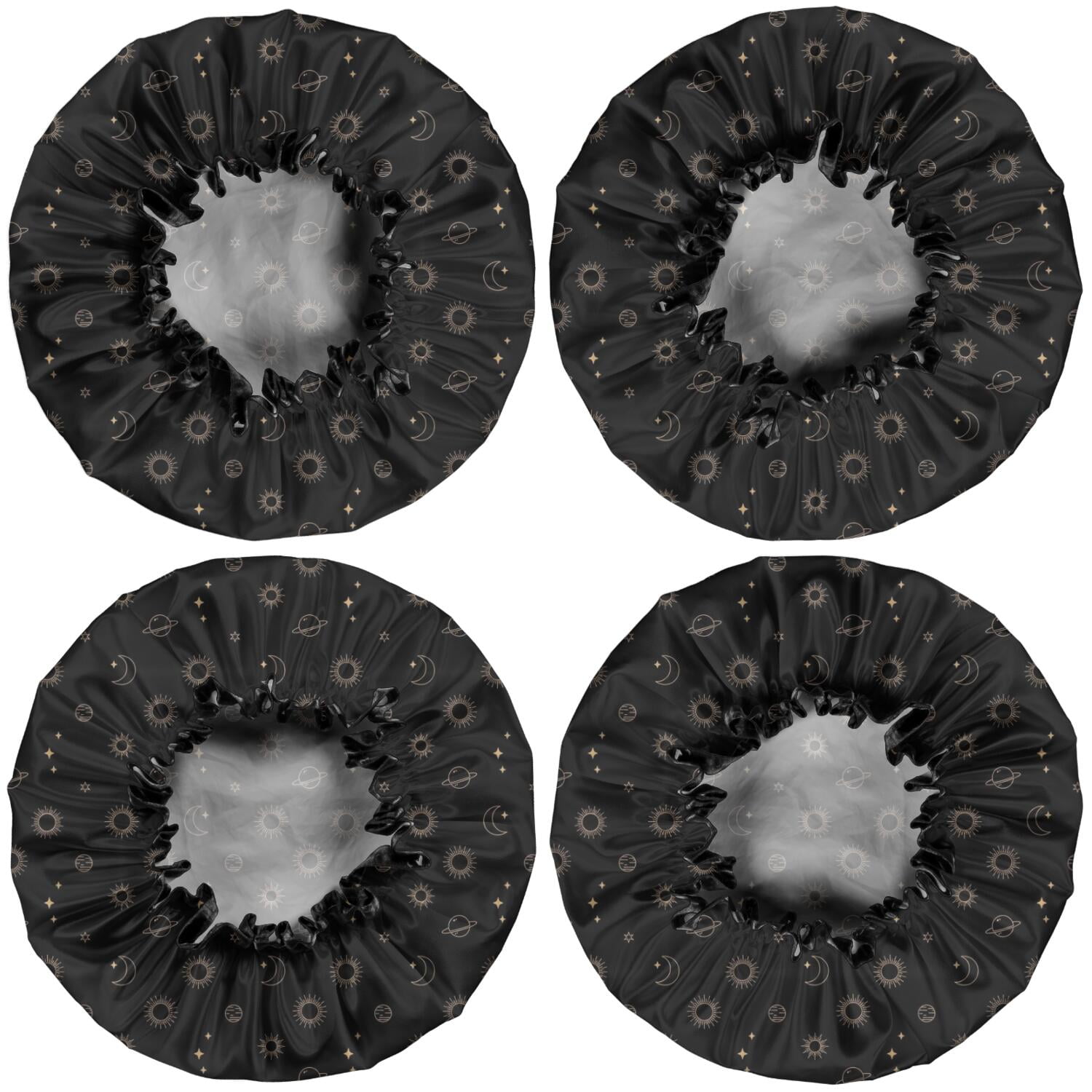 Shower Caps,Black Gold Sun Moon Planet Pattern Waterproof Shower Cap for Women 4 Pieces,Double Reusable Hair Cover for Shower PEVA Elastic Stretch Hem