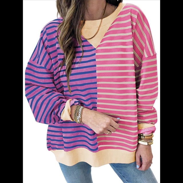 Sudadera Informal de Larga para Mujer, con Bloques de Color, Hombros Caídos, Cuello Redondo y Gran Tamaño. Púrpura L
