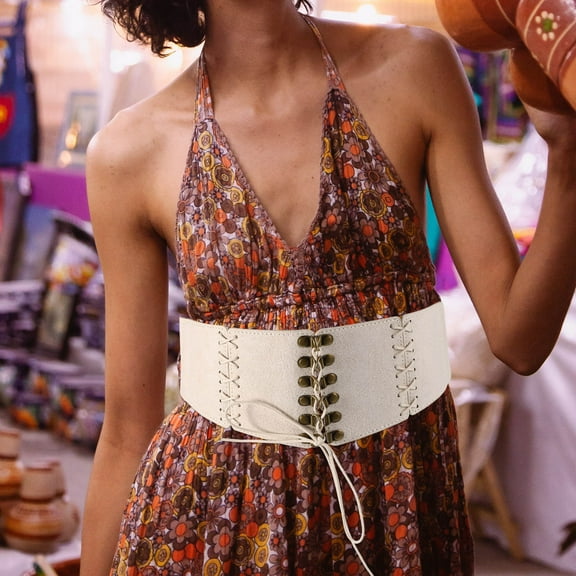 Masteelf Renaissance Corset Belt Women Vintage Lace Up Cinch Belt Black Corset Elastic Waist Belt For Costume Dress