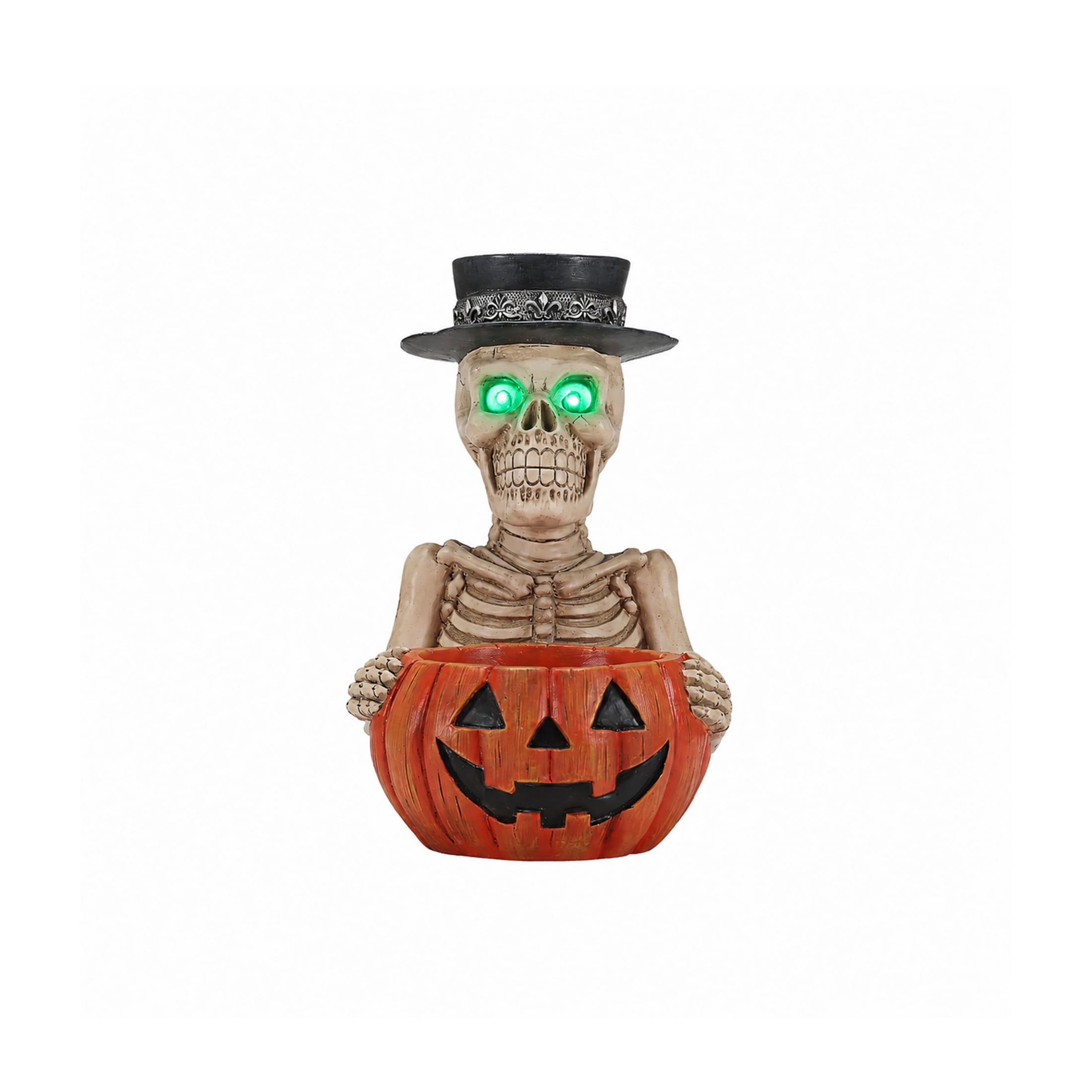Noble House Halloween Skeleton Figurine with Pumpkin Bowl & Pillar Candle Holder Top Hat, Decorative Statue, Black White