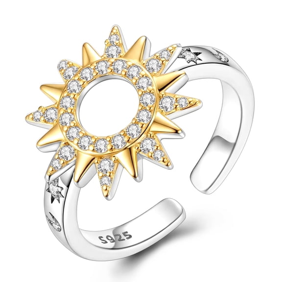 MULA 925 Sterling Silver Sun Moon Star Celestial Open Ring, Hypoallergenic Adjustable Sparkling AAA CZ Women's Jewelry Gift with Box