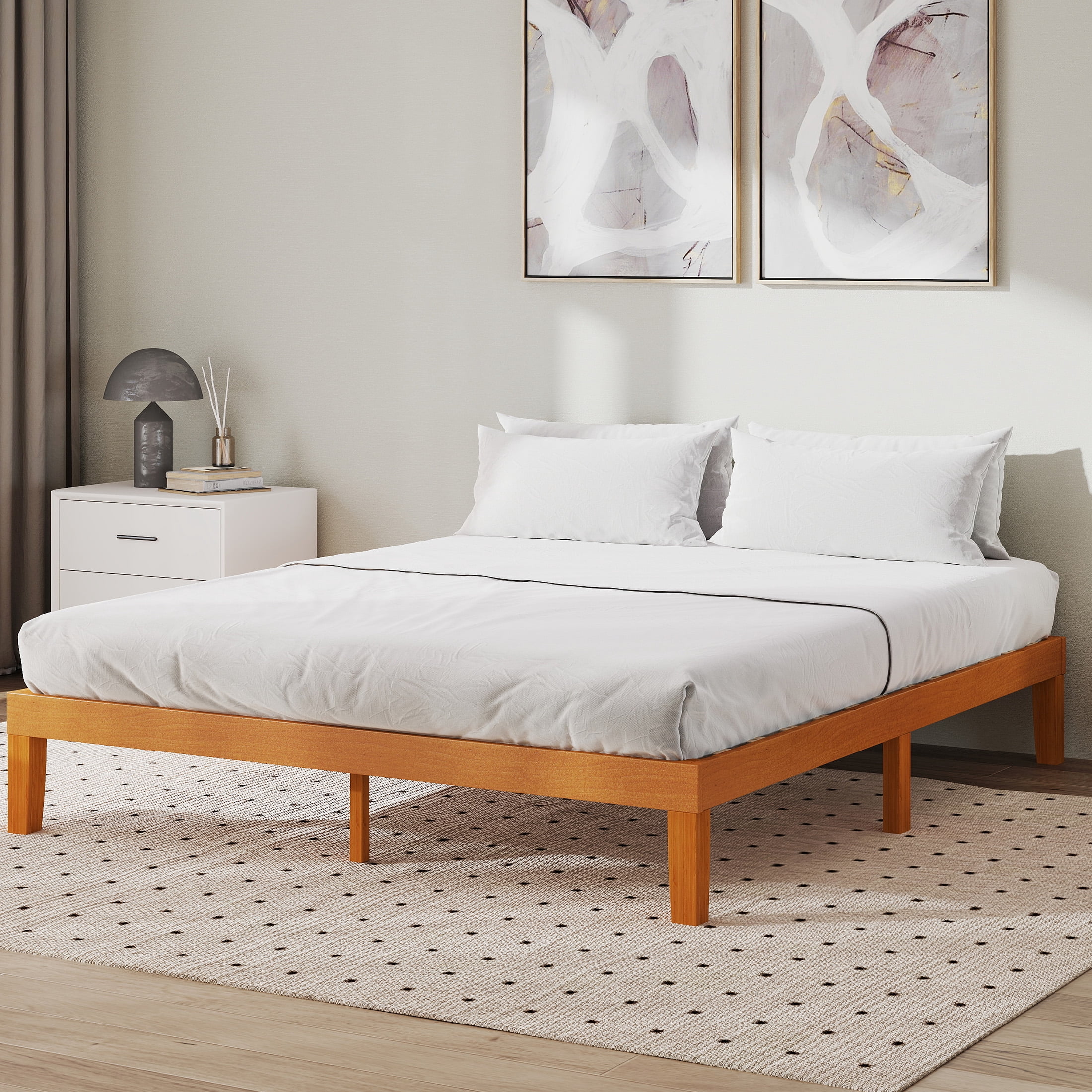 JIOABL King Size Wood Bed Frame, 12in Platform with Support Slats, No Spring Needed, Natural Pine