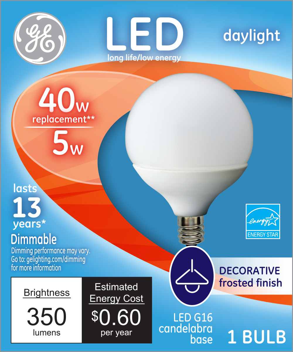 GE LED DAYLIGHT GLOBE SMALL BASE G16 FROSTED FINISH