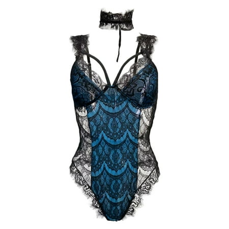 Wpawbk Sexy Lingerie for Women One Piece Hollow Out Floral Lace Bodysuit with Choker Deep V Teddy Eyelash Babydoll Sleepwear Women Lingerie Lace Bodysuit Christmas Savings Clearance 2024