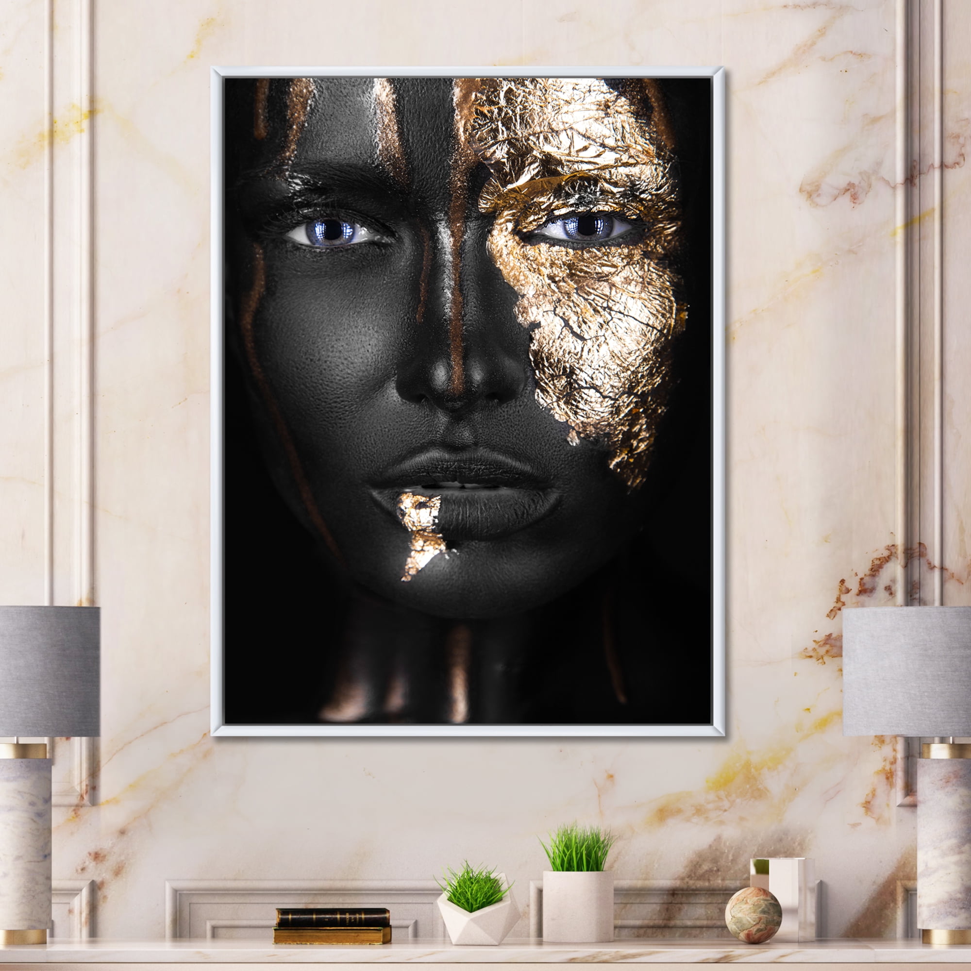 Portrait of A African American Girl with Gold Makeup 16 in x 32 in Framed Painting Canvas Art Print, by Designart