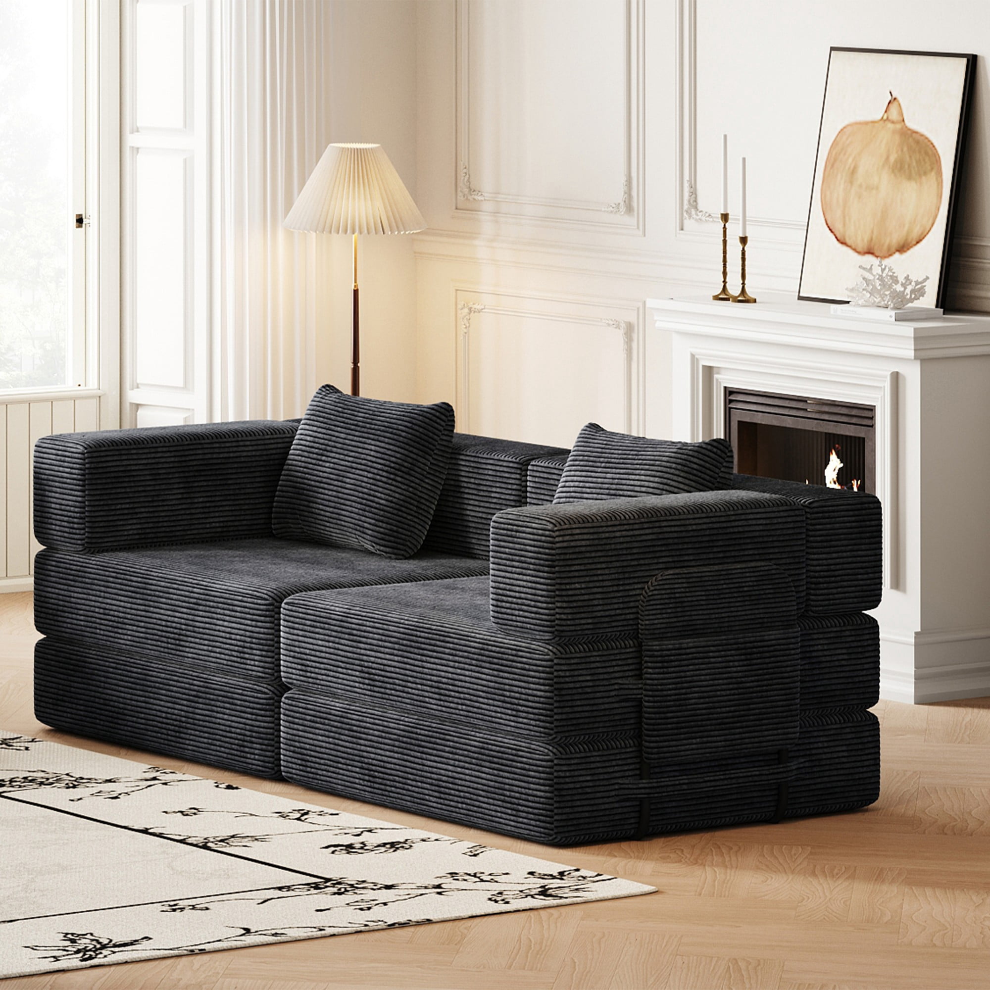 72" Convertible Corduroy Sofa Bed,Folding Sleeper Couch with Two Side Storage Pockets & Two Cushions for Living Room,Bedroom,Black